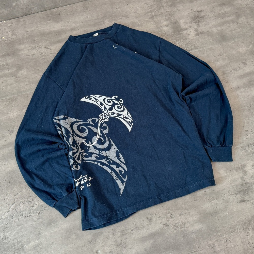Y2K 00's Tribal Surfwear Quiksilver Style Graphic Navy Long Sleeve T-Shirt